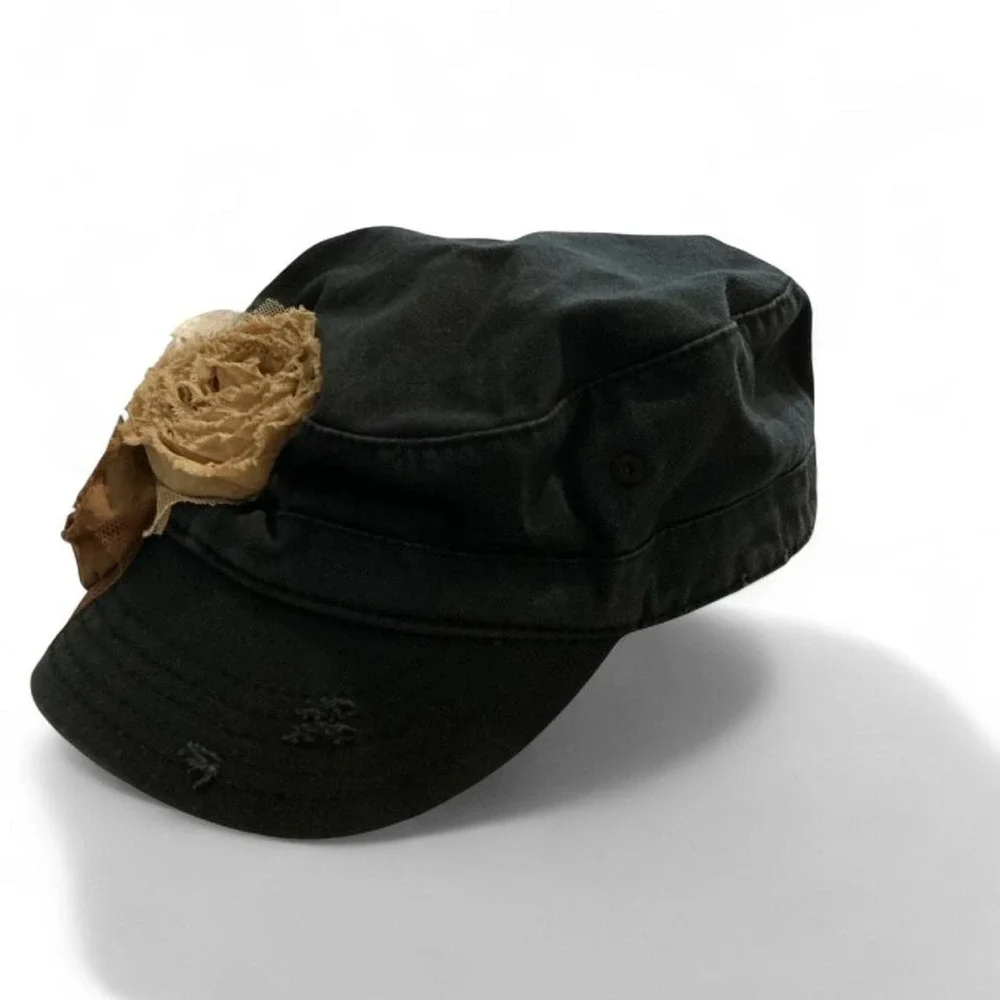 Olive & Pique Cadet Hat Womens OS Black Distressed Floral Rosette Cap